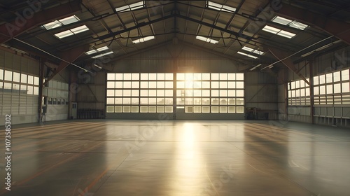 A spacious industrial interior with large windows and soft sunlight illuminating the floor.