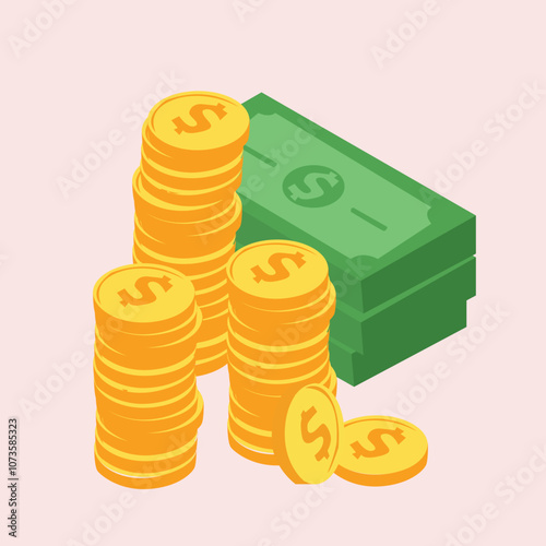 Cash money financial symbol. Gold coins pile and banknote with Dollar Sign