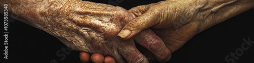 Portrait of two wrinkled hands clasped together, revealing age spots and liver spots.