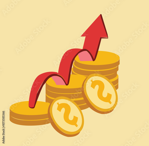 Coin stack growth chart with increasing arrow.