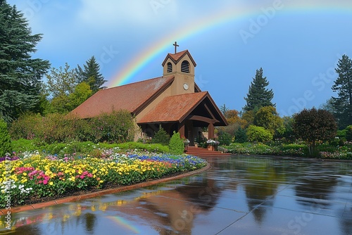 A gentle rainfall soaking the earth outside a chapel, with a rainbow emerging in the distance, symbolizing God's renewing grace and promise