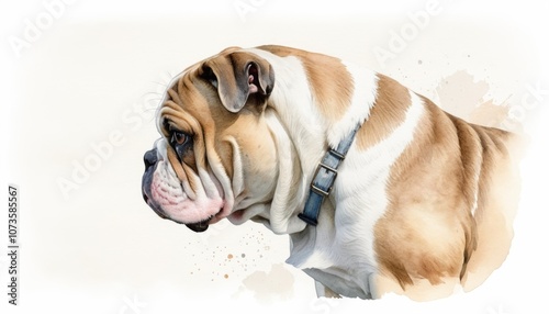 Watercolor sketch of a bulldog in profile showcasing its distinctive features against a soft background with ample copyspace photo