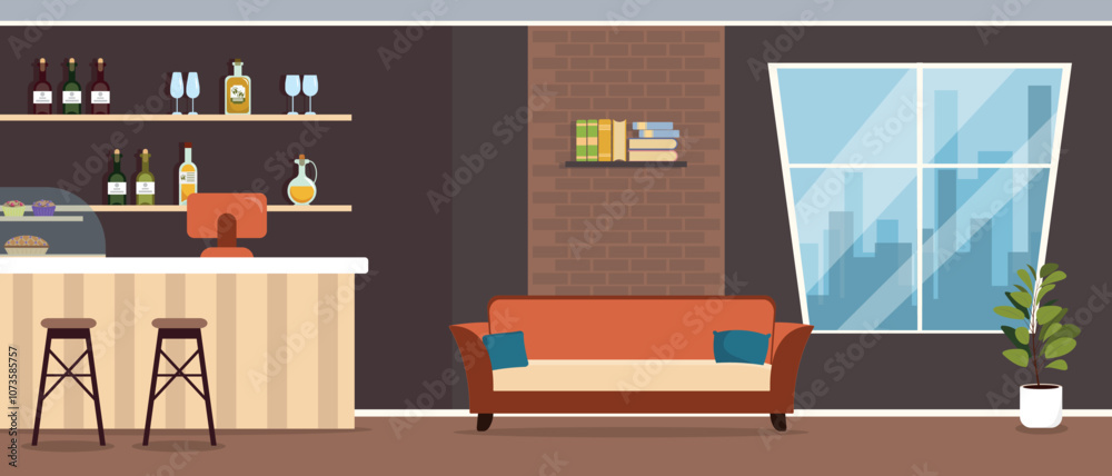 Fototapeta premium Vector illustration of a cafe interior. Cartoon scene of a cozy room with a bar counter, shelves with bottles of wine, oil, pastries, a computer, chairs, a sofa, a bookshelf, a window, a flower pot.