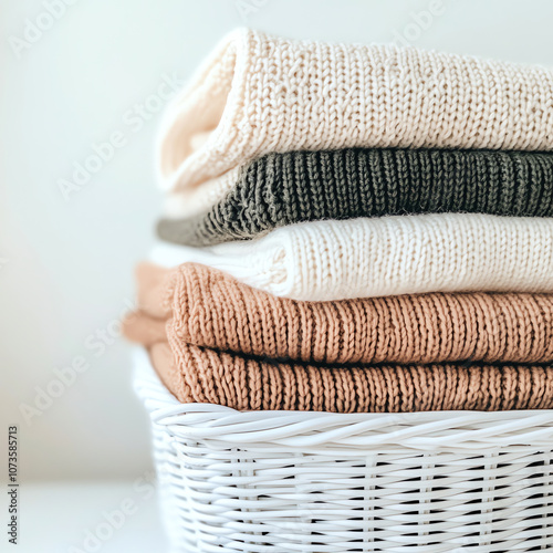 Close-Up of Cozy Knit Sweaters in a Wicker Basket for Fall and Winter Warmth