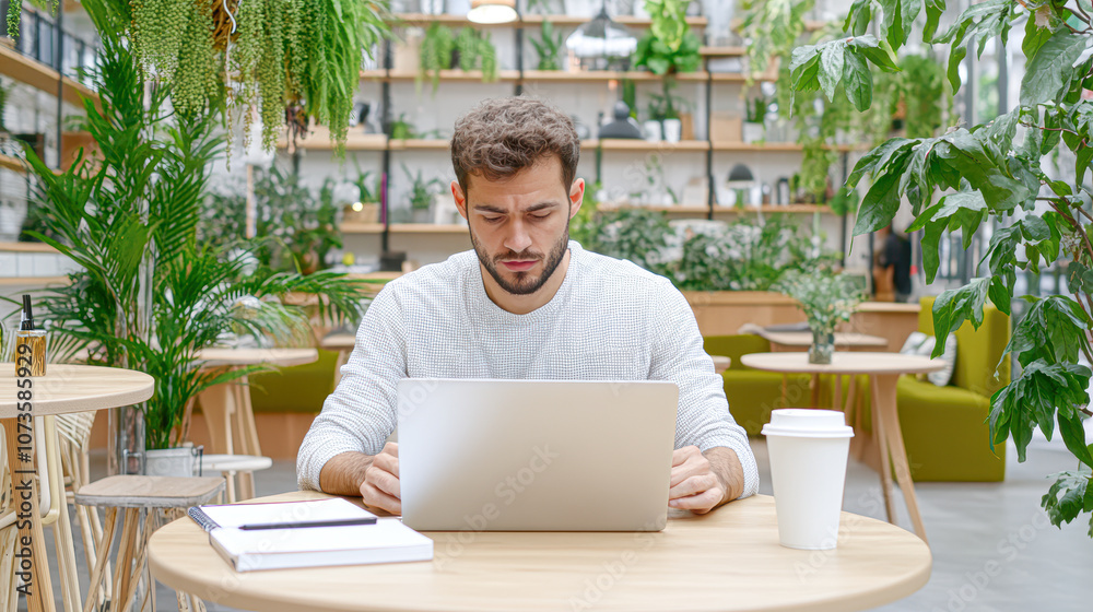 A man is sitting at a table with a laptop and a cup of coffee A man is sitting at a table with a laptop and a cup of coffee