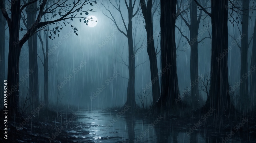 Mysterious forest under moonlight with rain creating a serene atmosphere at twilight Mysterious forest under moonlight with rain creating a serene atmosphere at twilight