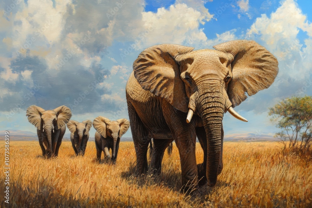Fototapeta premium A Family of Elephants Walking Through Savanna Grass