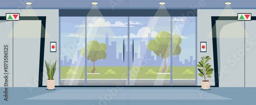 Vector illustration of the interior of the exit from the office building. Cartoon scene interior inside the office, glass doors, elevators, rays of light, flower pots, city view with modern houses.