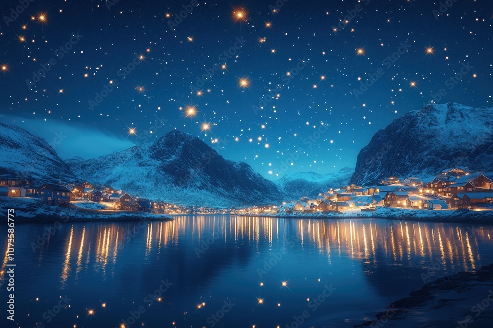 Naklejka premium A celestial scene of stars scattered across the night sky, forming intricate constellations that tell stories of faith and divine purpose.