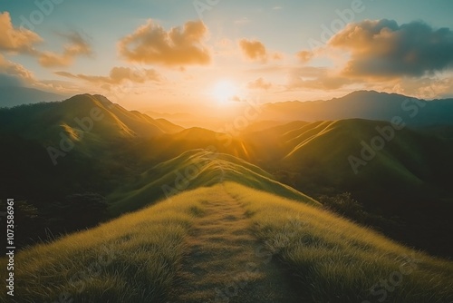 A breathtaking vista of rolling hills with a majestic sunrise in the background, symbolizing the eternal promise of a new day and the hope found in Christ