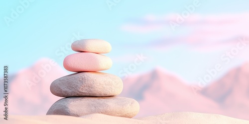 A tranquil stack of colorful stones against a serene mountain backdrop. photo