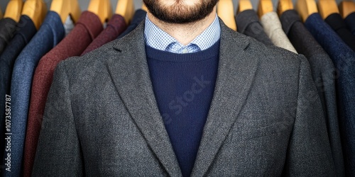 A well-dressed man in a suit stands confidently against a backdrop of tailored jackets. photo