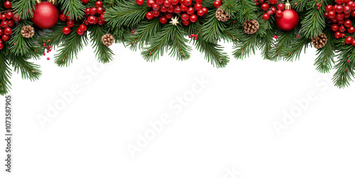 A festive arrangement of evergreen branches, red berries, and pine cones at the top of the image  arranged symmetrically and complemented