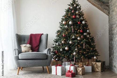 Interior of festive living room with grey armchair and gift boxes under Christmas tree