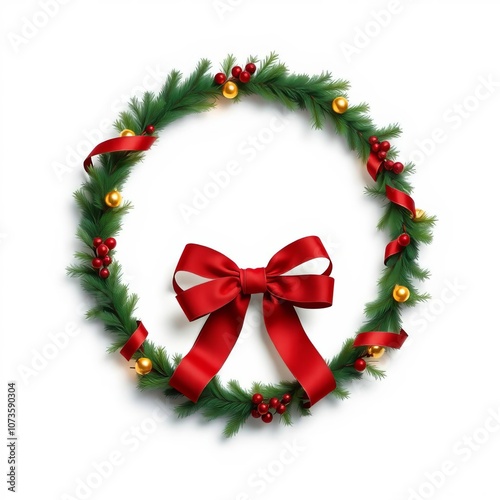 Christmas wreath red ribbon bow isolated on white background frame christmas isolated