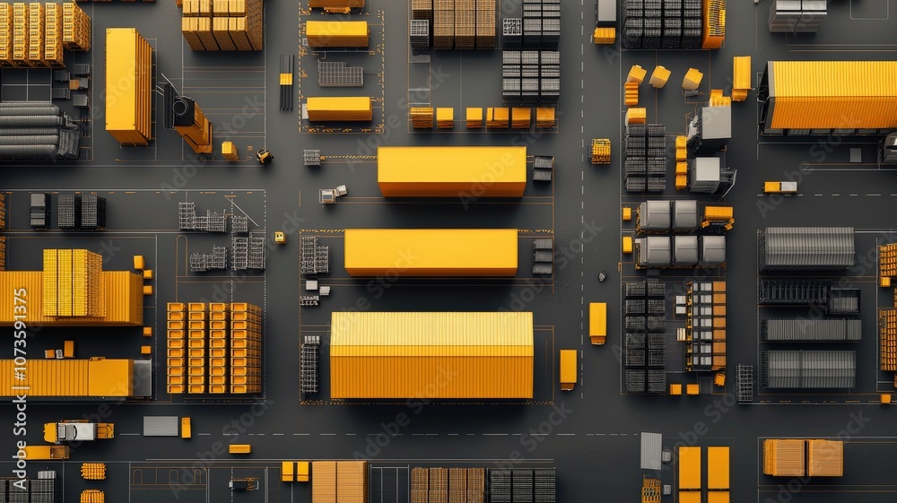 Warehouse scheduling management concept. Aerial view of a warehouse filled with yellow containers and pallets, organized in rows, showcasing efficient storage and logistics operations. Warehouse scheduling management concept. Aerial view of a warehouse filled with yellow containers and pallets, organized in rows, showcasing efficient storage and logistics operations.