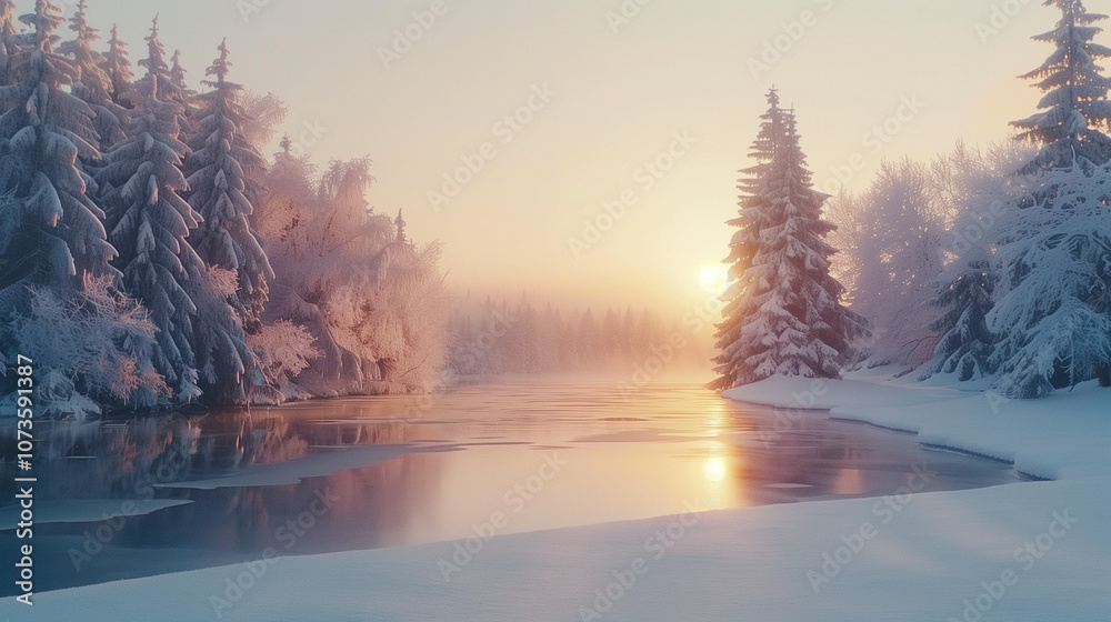 winter landscape, frozen lake surrounded by snow-covered pine trees winter landscape, frozen lake surrounded by snow-covered pine trees