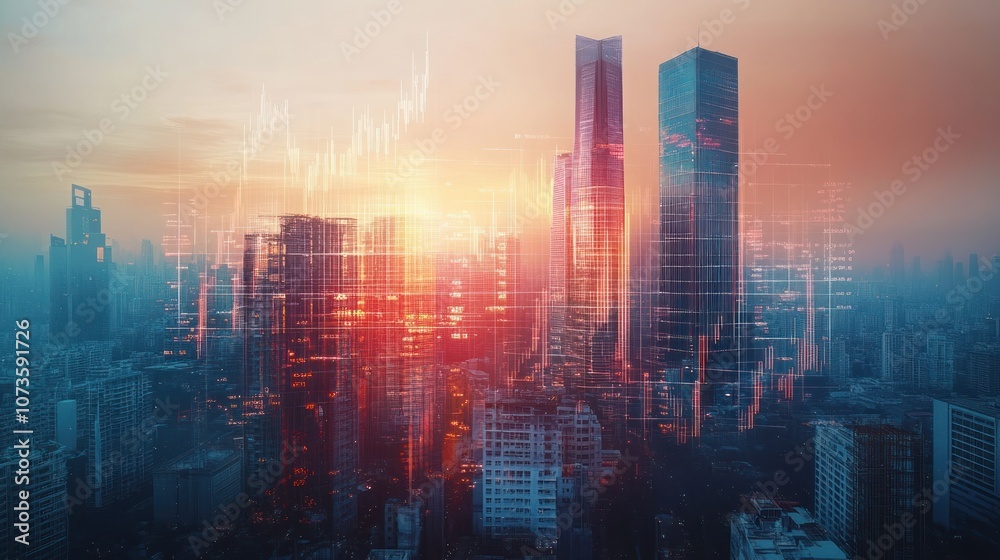 Fototapeta premium Cityscape with Financial Data Overlay