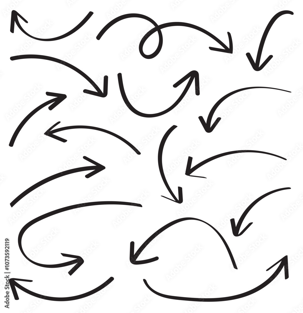 Naklejka premium Hand drawn arrows collection Set simple flat arrows isolated on white background. Arrow mark icons and arrow paint. Stock vector