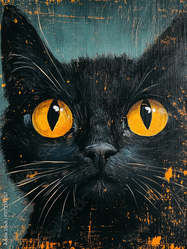 Black kitten with big bright yellow eyes on a blue greyish background. Modern stylized illustration. photo