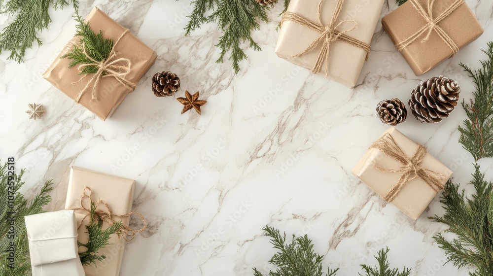 A flat lay of gifts wrapped in brown paper and twine, adorned with pine sprigs and pine cones, on a white marble surface. A flat lay of gifts wrapped in brown paper and twine, adorned with pine sprigs and pine cones, on a white marble surface.