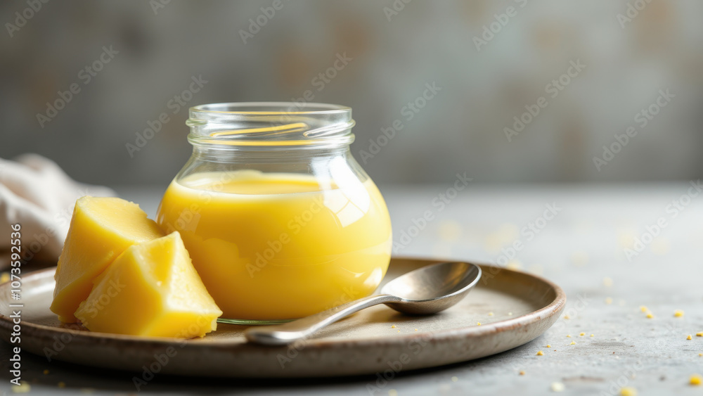 Beef tallow being rendered on a wooden plate with spoon. Beef tallow being rendered on a wooden plate with spoon.