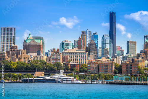 Brooklyn Heights yacht harbor and coastline in New York city view from East river