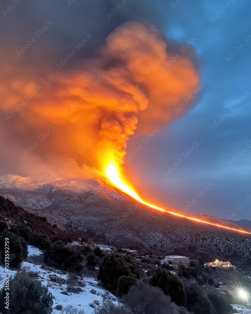 Majestic Eruption of the Volcano as Lava Flows Down the Slopes at Dusk Majestic Eruption of the Volcano as Lava Flows Down the Slopes at Dusk