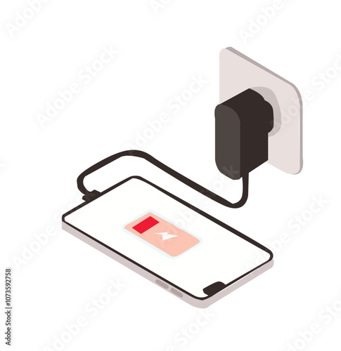 Smartphone charger adapter and electrical outlet, charging battery notification,  photo