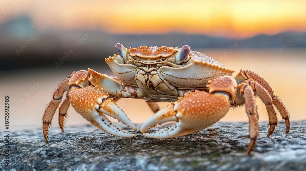 A close-up of a crab with its claws raised, standing on a rock with a sunset in the background. A close-up of a crab with its claws raised, standing on a rock with a sunset in the background.