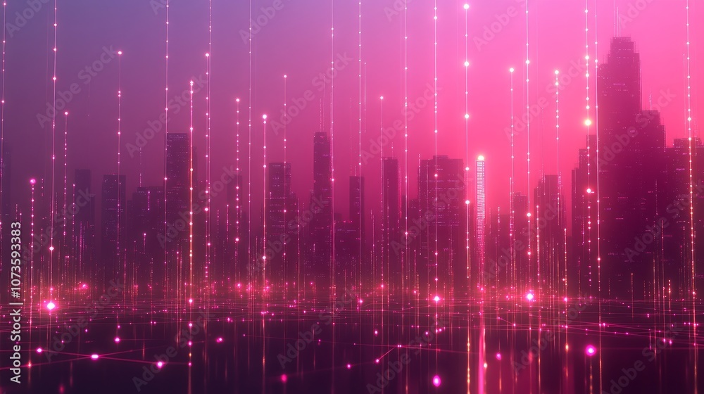 Abstract cityscape with glowing lines and dots in a pink and purple color scheme. Abstract cityscape with glowing lines and dots in a pink and purple color scheme.