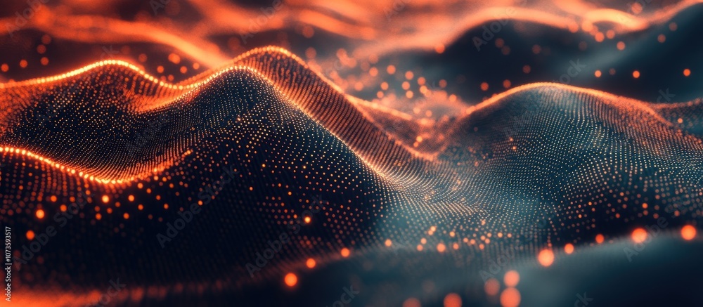 Abstract representation of flowing waves with glowing particles, suggesting movement and depth.
