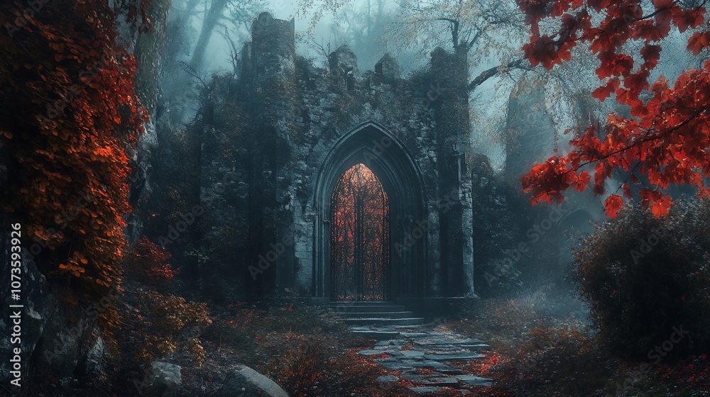 A stone archway in a misty forest with red leaves, leading to an unknown path. A stone archway in a misty forest with red leaves, leading to an unknown path.