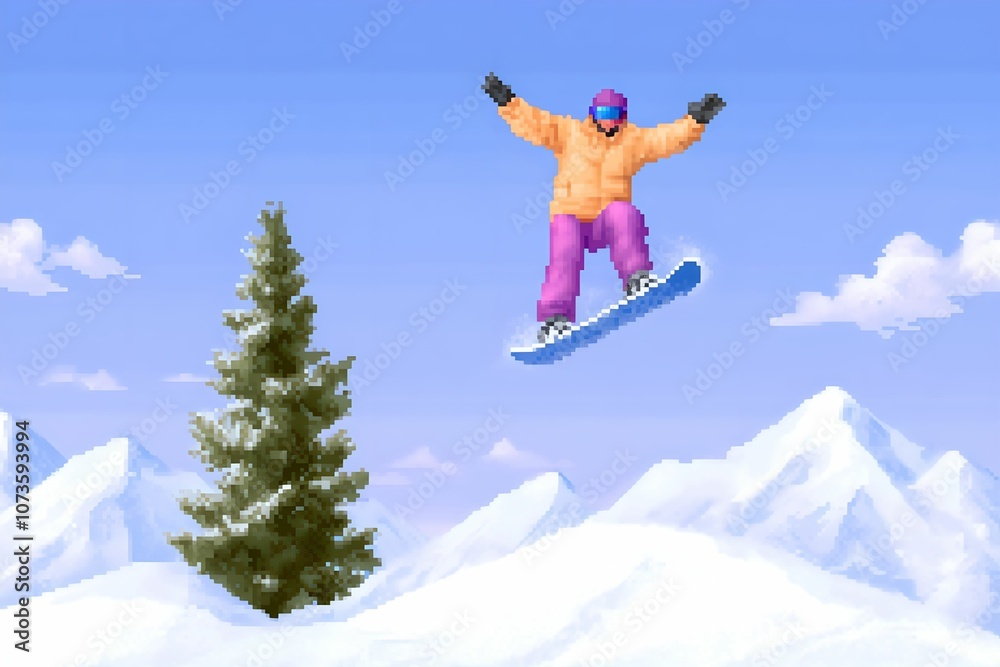 snowboarder jumping in the sky. Pixel illustration. Winter sport and travel concept. For banner, design, cover, social media, youtube, linkedin, presentation snowboarder jumping in the sky. Pixel illustration. Winter sport and travel concept. For banner, design, cover, social media, youtube, linkedin, presentation