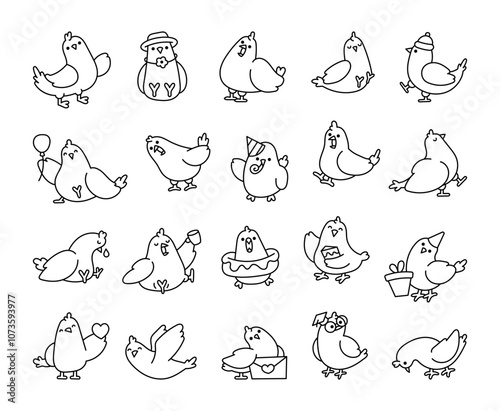 Cute kawaii cartoon pigeon characters with funny expressions in various adorable poses for kids and creative design projects
