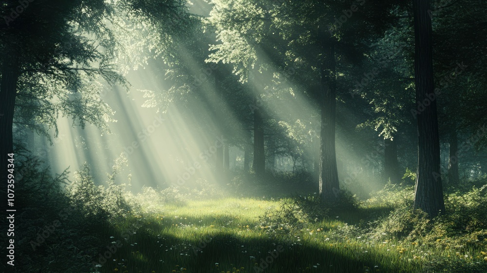 Sunbeams pierce through the dense canopy of a lush forest, illuminating the green undergrowth. Sunbeams pierce through the dense canopy of a lush forest, illuminating the green undergrowth.