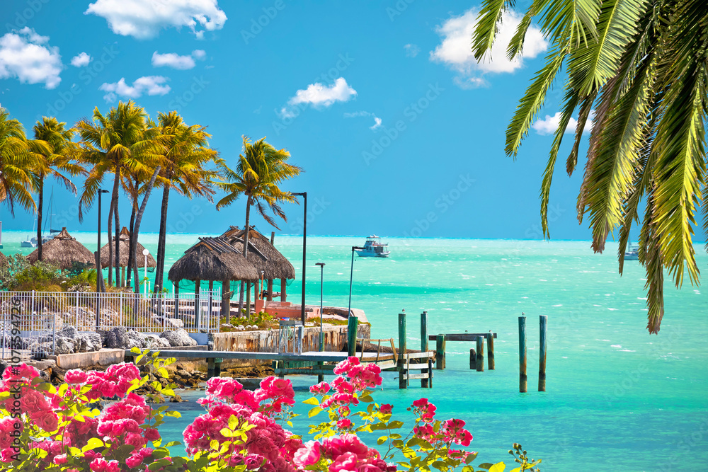 Turquoise waterfront of Florida Keys in Marathon palms and turquoise sea view
