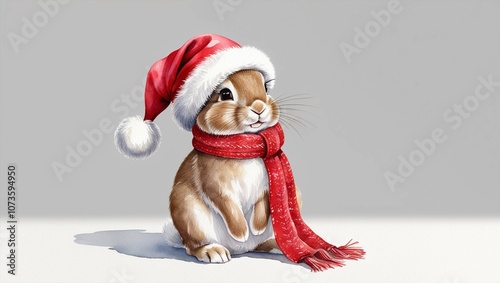 Festive Watercolor Illustration of a Bunny Wearing Santa Hat and Scarf on White Background. Generated with AI