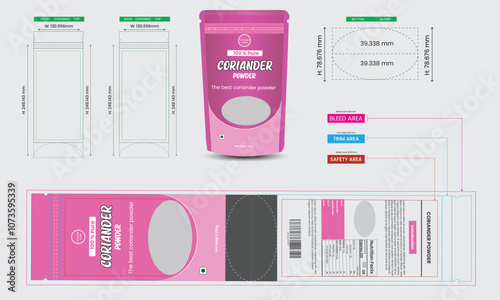 Coriander powder pouch design template, pouch packaging mockup, 100% pure , food and product branding design