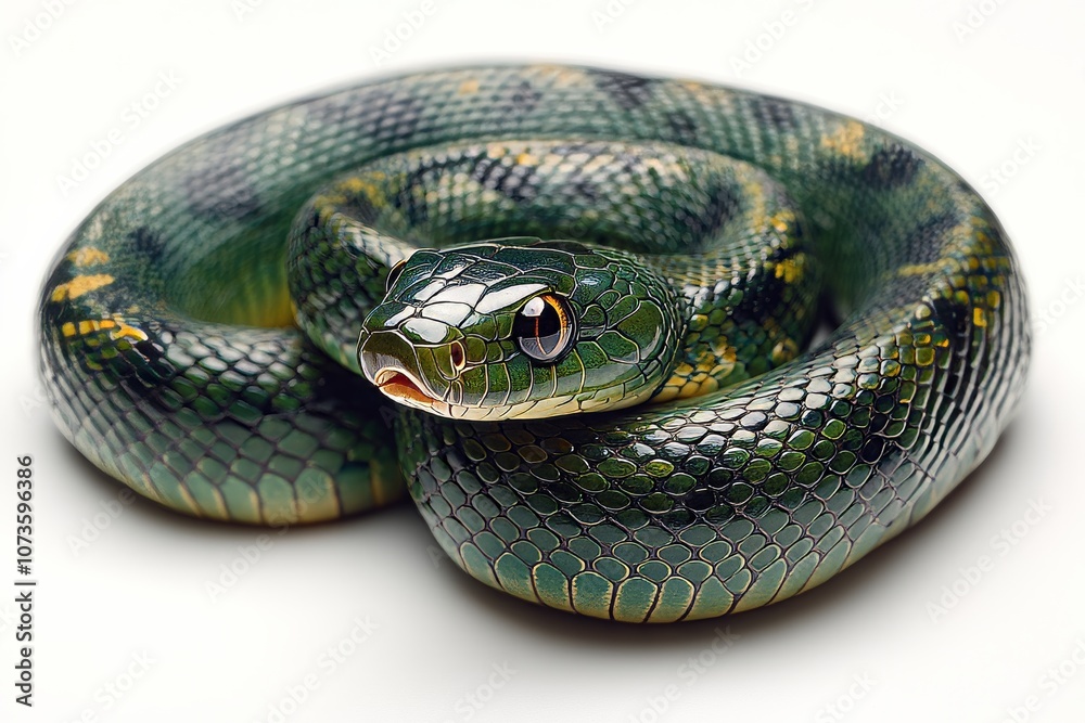 Obraz premium Side view of a green snake coiled in a graceful curve isolated on a white background. Generative AI