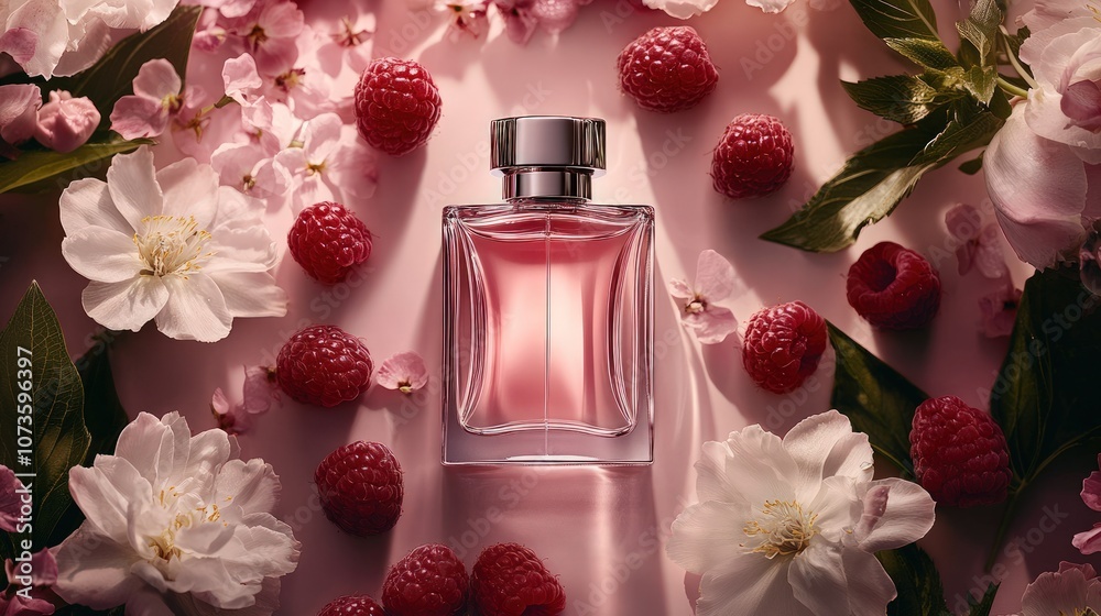 A square bottle of perfume sits surrounded by raspberries and pink flowers. A square bottle of perfume sits surrounded by raspberries and pink flowers.