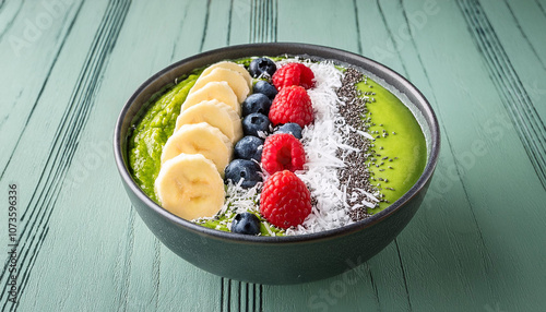 A vibrant green smoothie bowl made with avocado, matcha, and banana, topped with fresh berri (12) photo