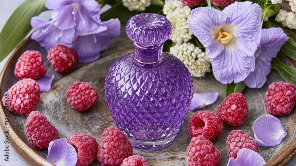 Purple glass bottle of perfume with raspberries and flowers on wooden tray. Purple glass bottle of perfume with raspberries and flowers on wooden tray.