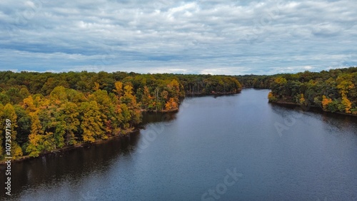 Drone View of Lake Surrounded by Fall Foliage