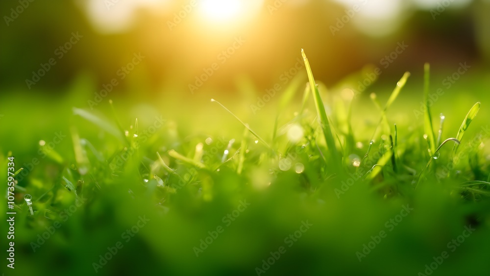 Close-up of Dew-Covered Grass in Morning Sunlight, Fresh and Serene Natural Vibe Close-up of Dew-Covered Grass in Morning Sunlight, Fresh and Serene Natural Vibe