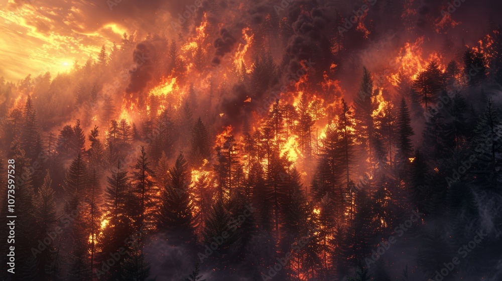 Wildfire Engulfing Forest at Twilight