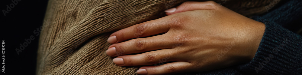 Agitated Heart: A woman's hand, resting on her chest, feeling uneasy Agitated Heart: A woman's hand, resting on her chest, feeling uneasy