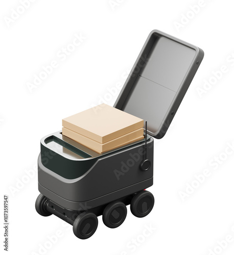 A delivery robot with an open lid, revealing a package inside. Isolated on a white background. Concept of automated delivery. 3D Rendering