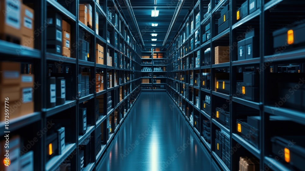 Fototapeta premium Warehouse scheduling management concept. A dimly lit storage area with shelving filled with boxes, creating a sense of depth and organization in a modern warehouse setting.