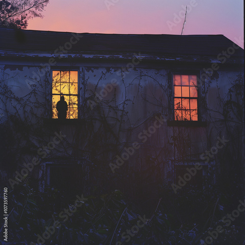 An abandoned house with broken windows, peeling paint, and a dark silhouette standing motionless in one window, barely visible but unmistakably watching.  photo